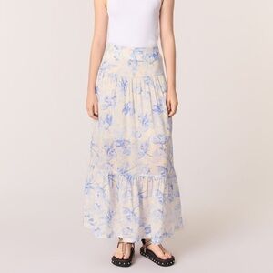 Maje Blue and White Linen Floral Maxi Skirt
